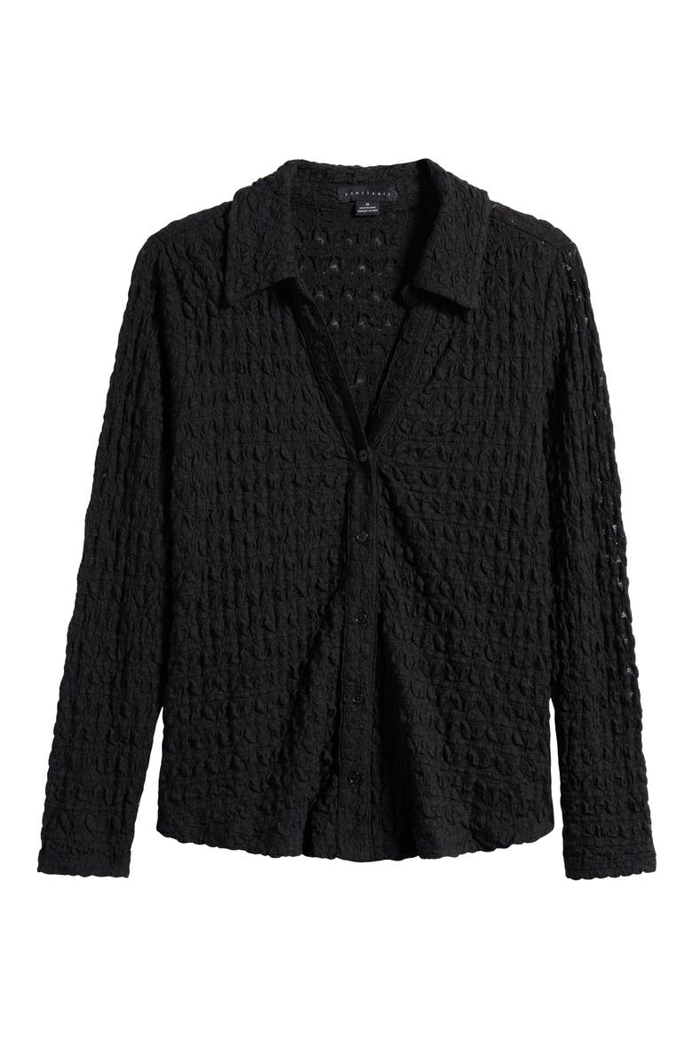Pucker Up Dreamgirl Semisheer Cotton Blend Lace Button-Up Shirt, Alternate, color, BLACK