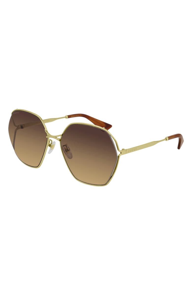 Gucci 63mm Oversize Hexagonal Sunglasses, Main, color, Gold/ Brown