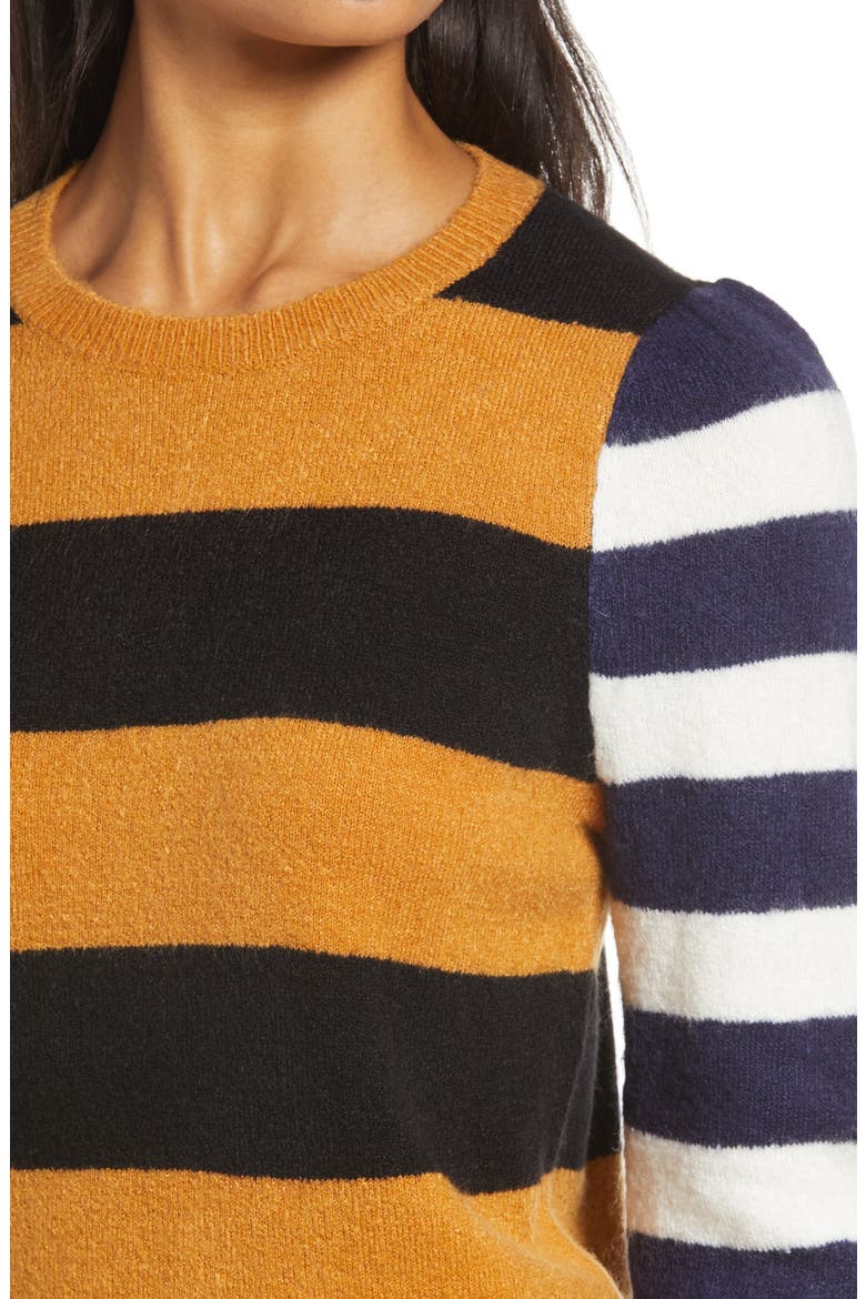 x Atlantic-Pacific Mix Stripe Puff Sleeve Sweater, Alternate, color, TAN SUGAR- BLACK MIX STRIPE