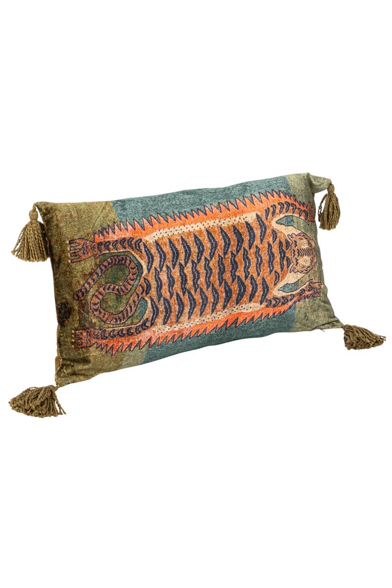 Cotton Velvet Blend Tiger Lumbar Pillow with Tassels, Multicolor, Main, color, White