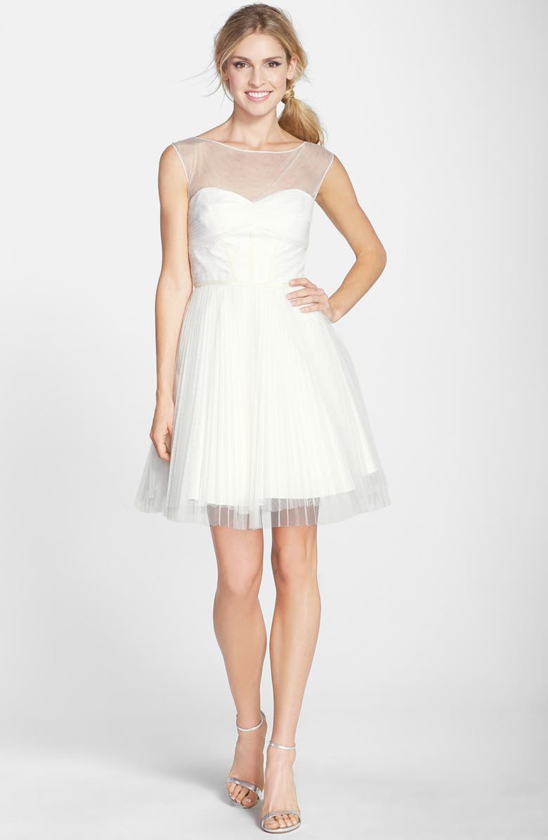 Monique Lhuillier Bridesmaids Illusion Yoke Tulle Fit & Flare Dress, Alternate, color, 