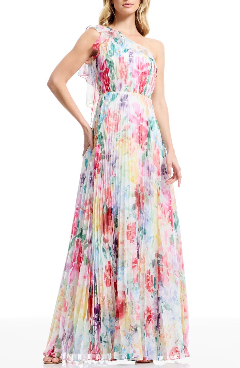 Dress the Population Leandra One-Shoulder Chiffon Gown, Main, color, Ivory Multi