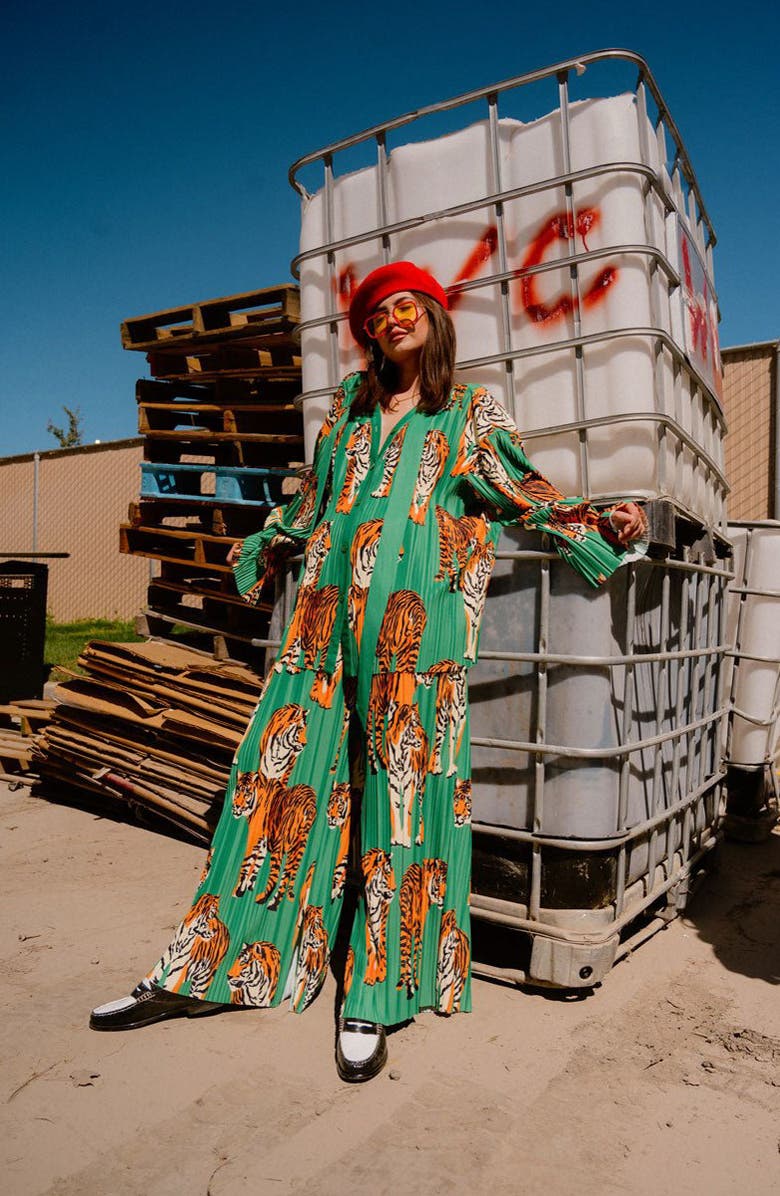 Dressed in Lala The Show Must Go On Pleated Shirt & Pants Set, Alternate, color, Tiger Tales Green