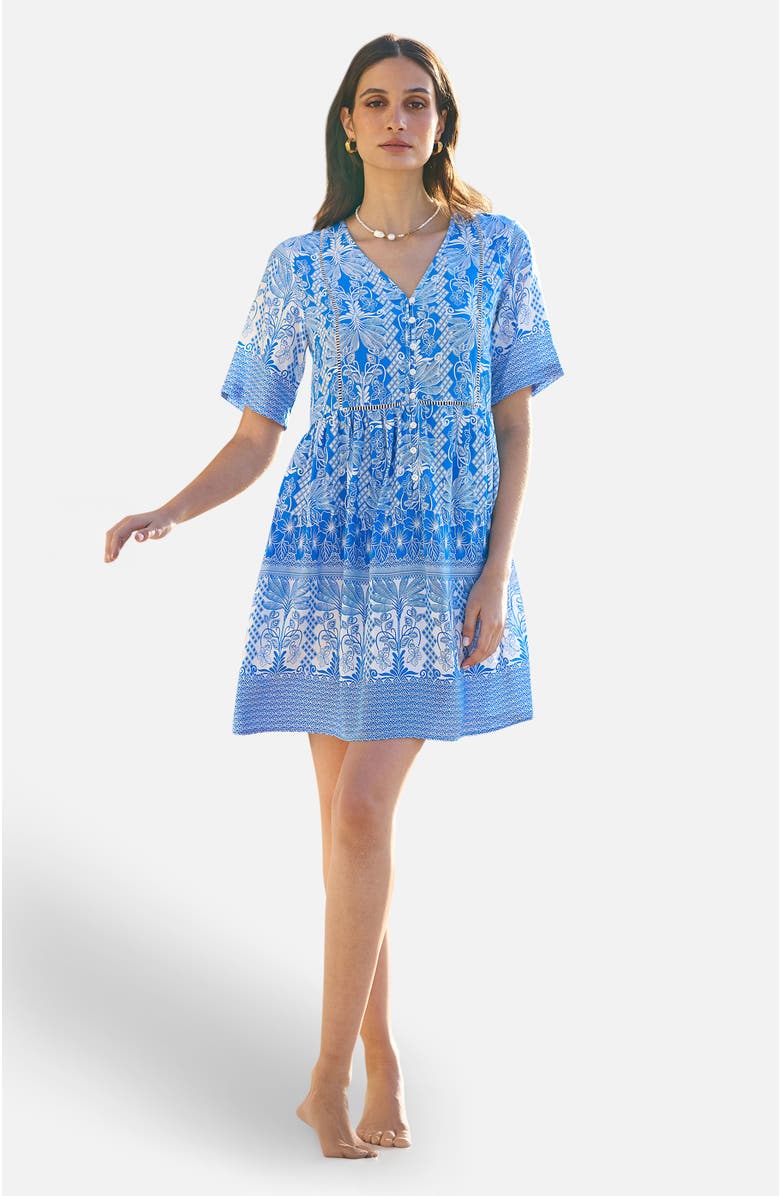 Yumi Short Sleeve V-Neck Palm Relaxed Dress, Main, color, Blue