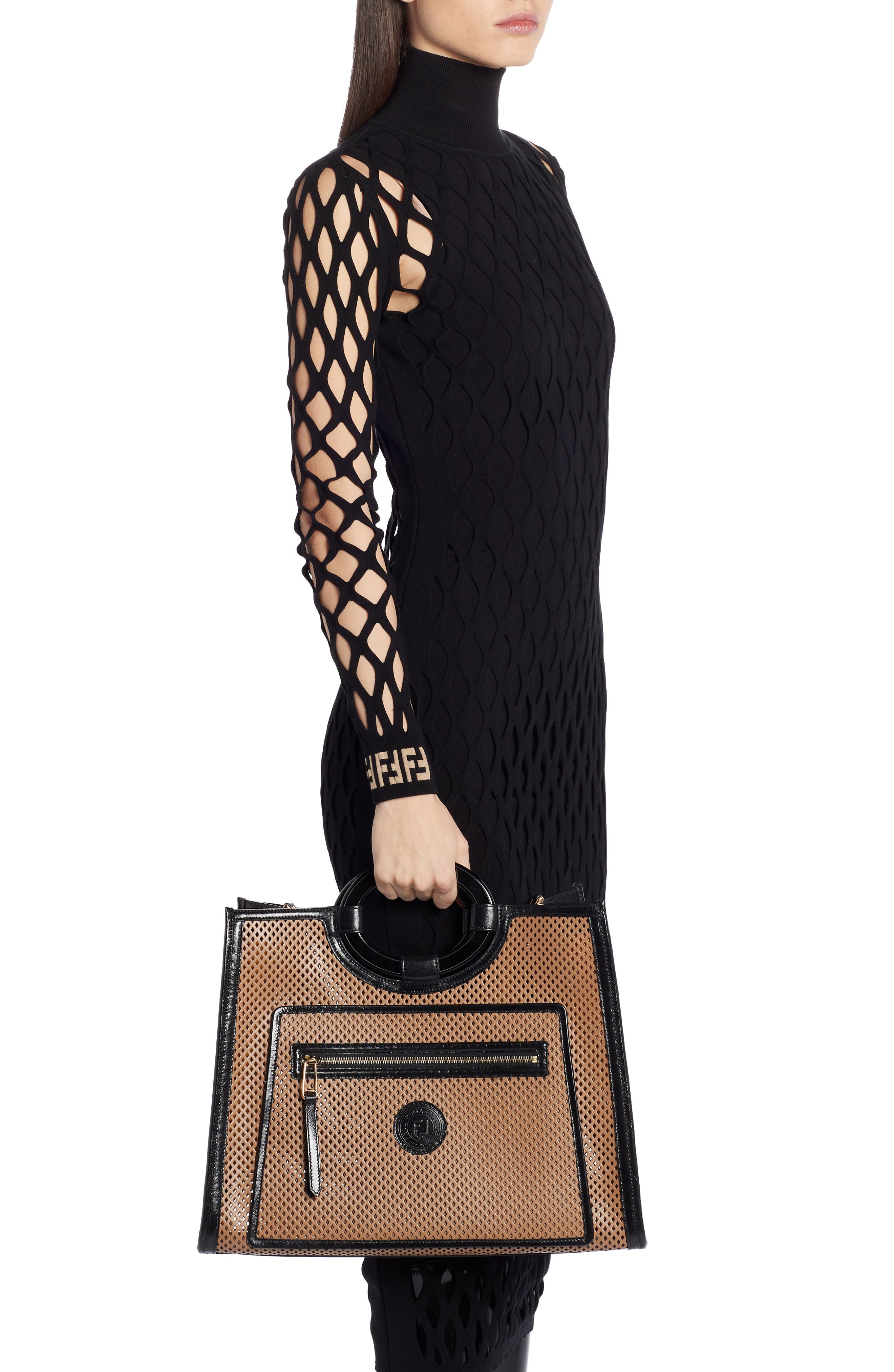 Fendi Medium Runaway Perforated Leather Shopper, Alternate, color, 