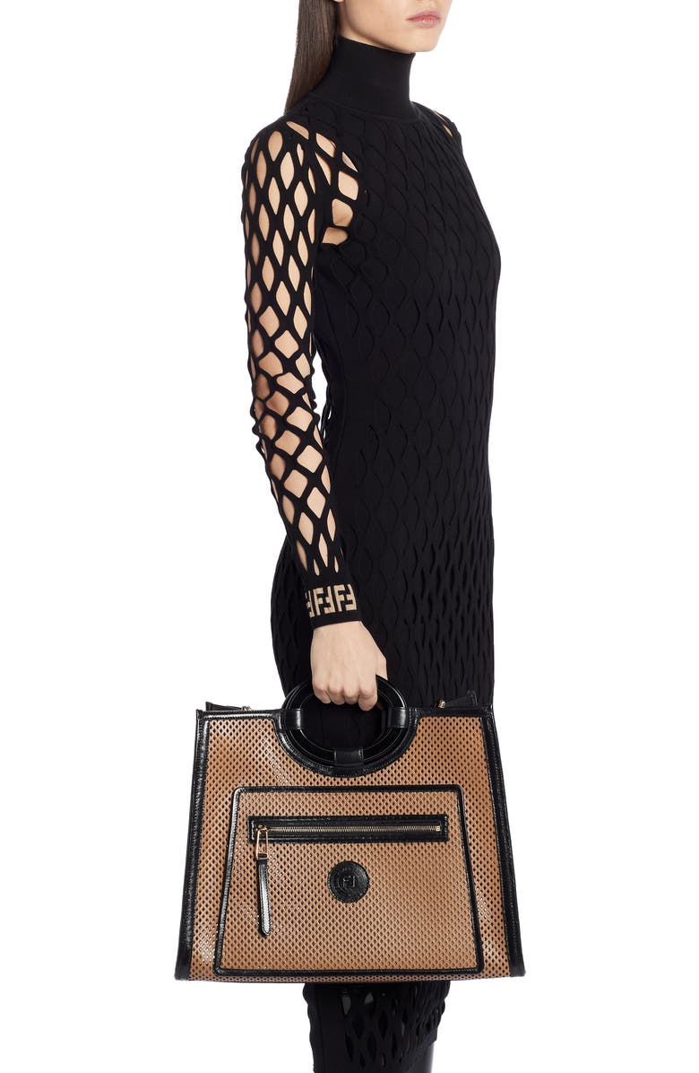 Fendi Medium Runaway Perforated Leather Shopper, Alternate, color,
