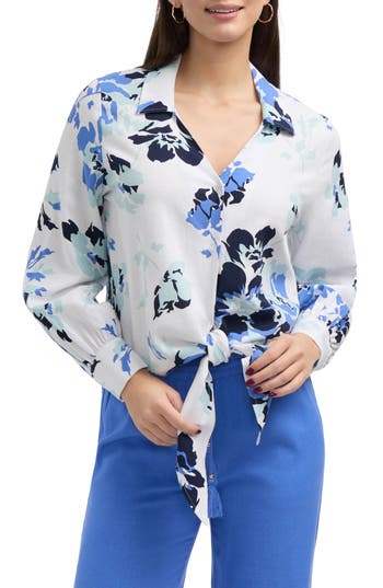 Ellen Tracy Tie Front Shirt In Azure Bouquet