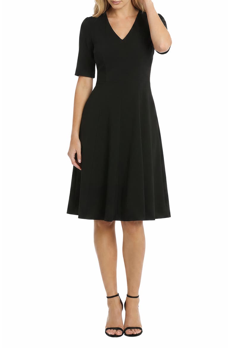 V-Neck Short Sleeve Fit & Flare Dress, Main, color, BLACK