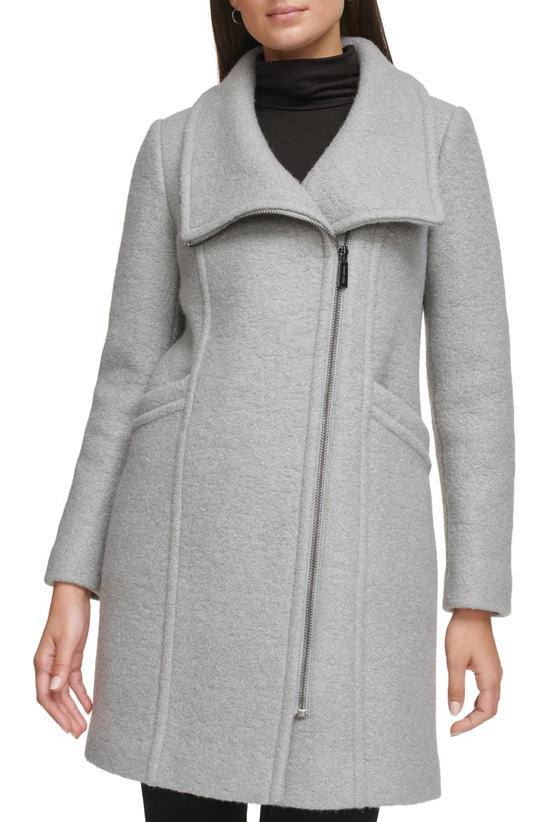 Asymmetric Zip Convertible Collar Bouclé Coat, Main, color, LIGHT GREY