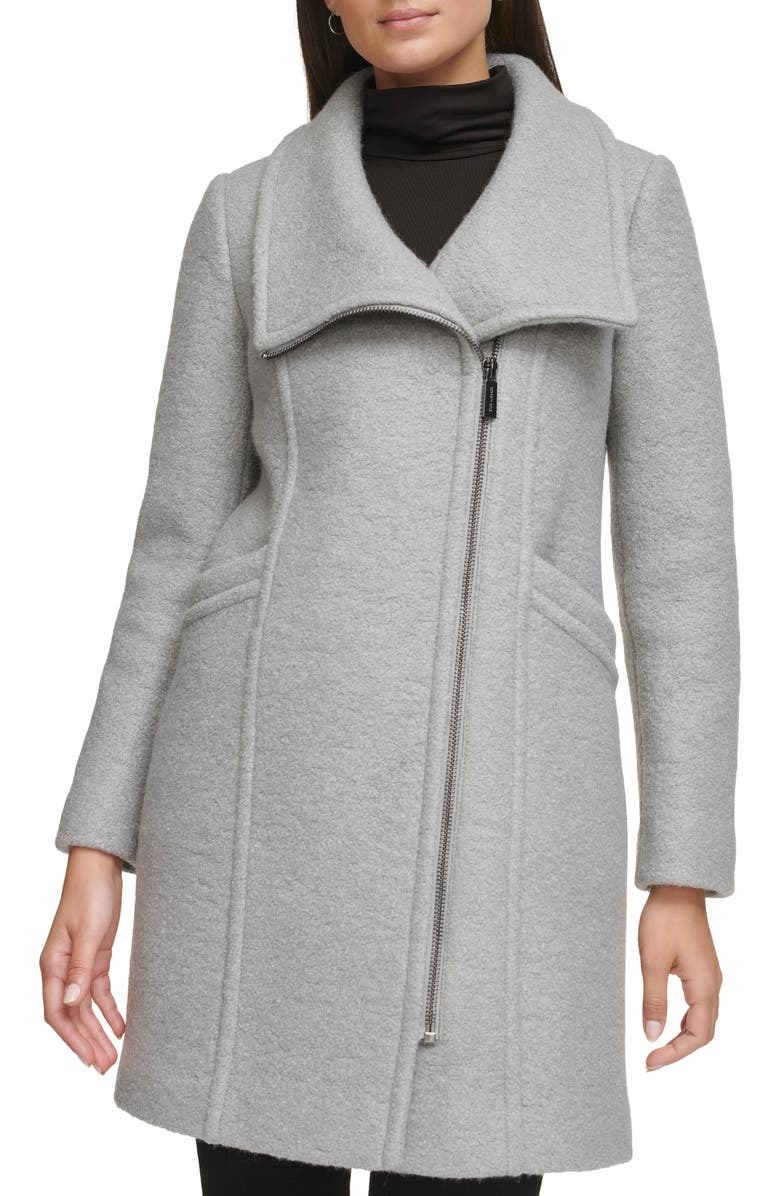 Kenneth Cole Asymmetric Zip Convertible Collar Bouclé Coat, Main, color, Light Grey