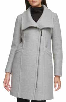Kenneth Cole Asymmetric Zip Convertible Collar Bouclé Coat