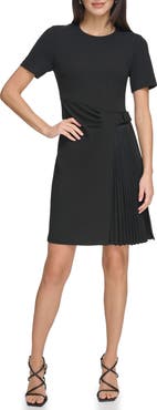 DKNY Short Sleeve Pleated Crepe A-Line Dress