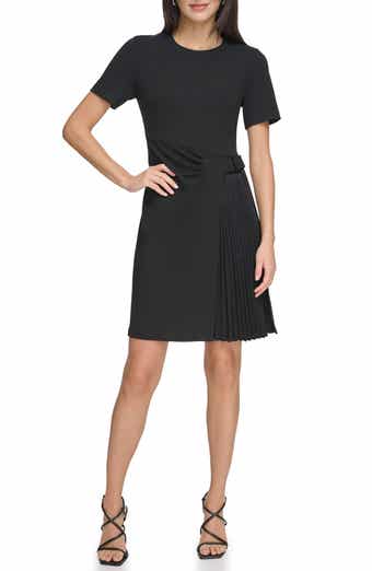 DKNY Short Sleeve Pleated Crepe A-Line Dress
