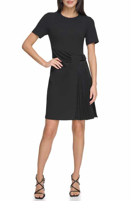 DKNY Short Sleeve Pleated Crepe A-Line Dress