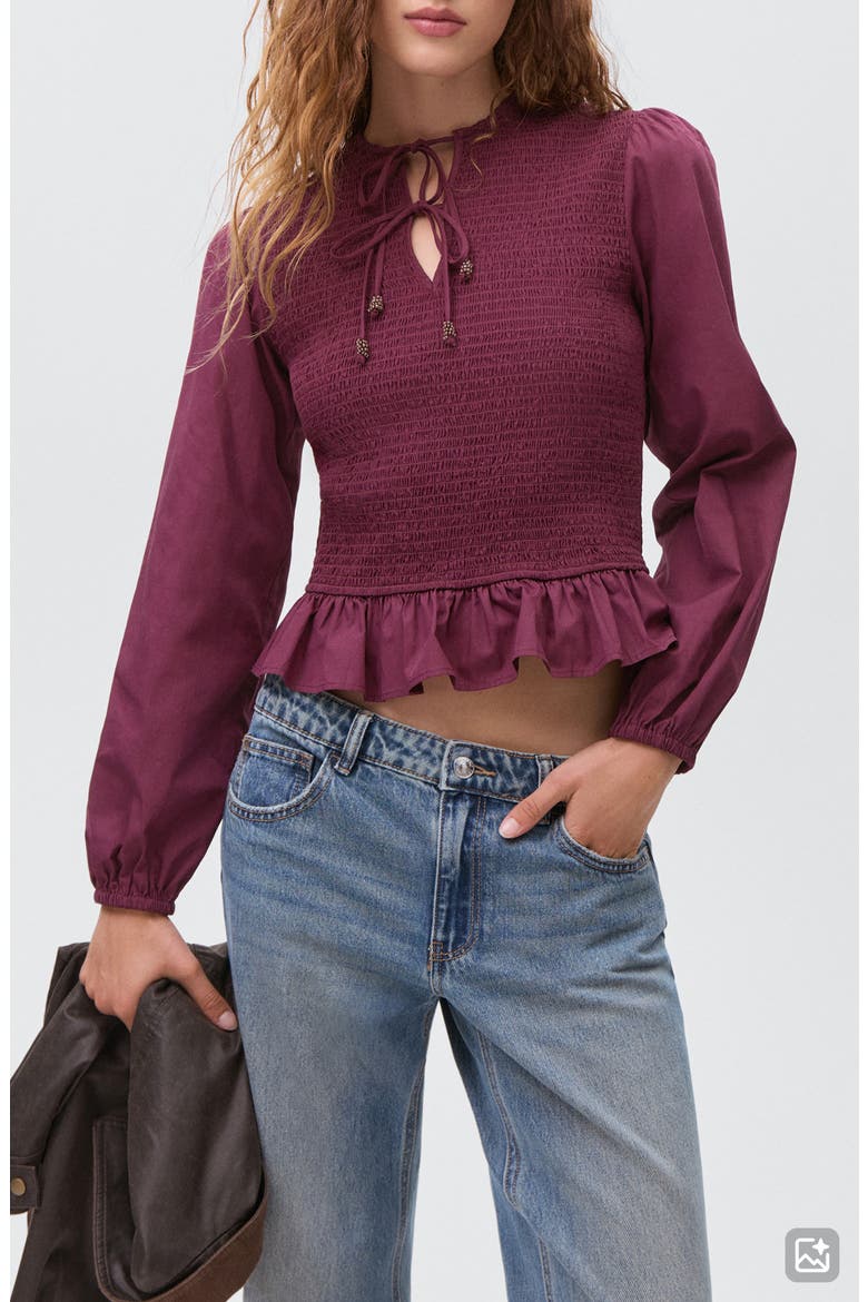 Smocked Tie Neck Cotton Peplum Top, Main, color, PURPLE