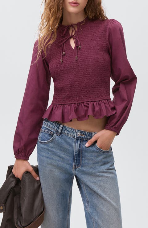 Smocked Tie Neck Cotton Peplum Top