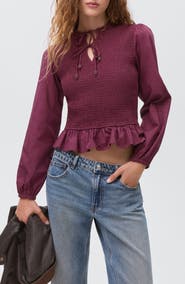 MANGO TEEN Smocked Tie Neck Cotton Peplum Top