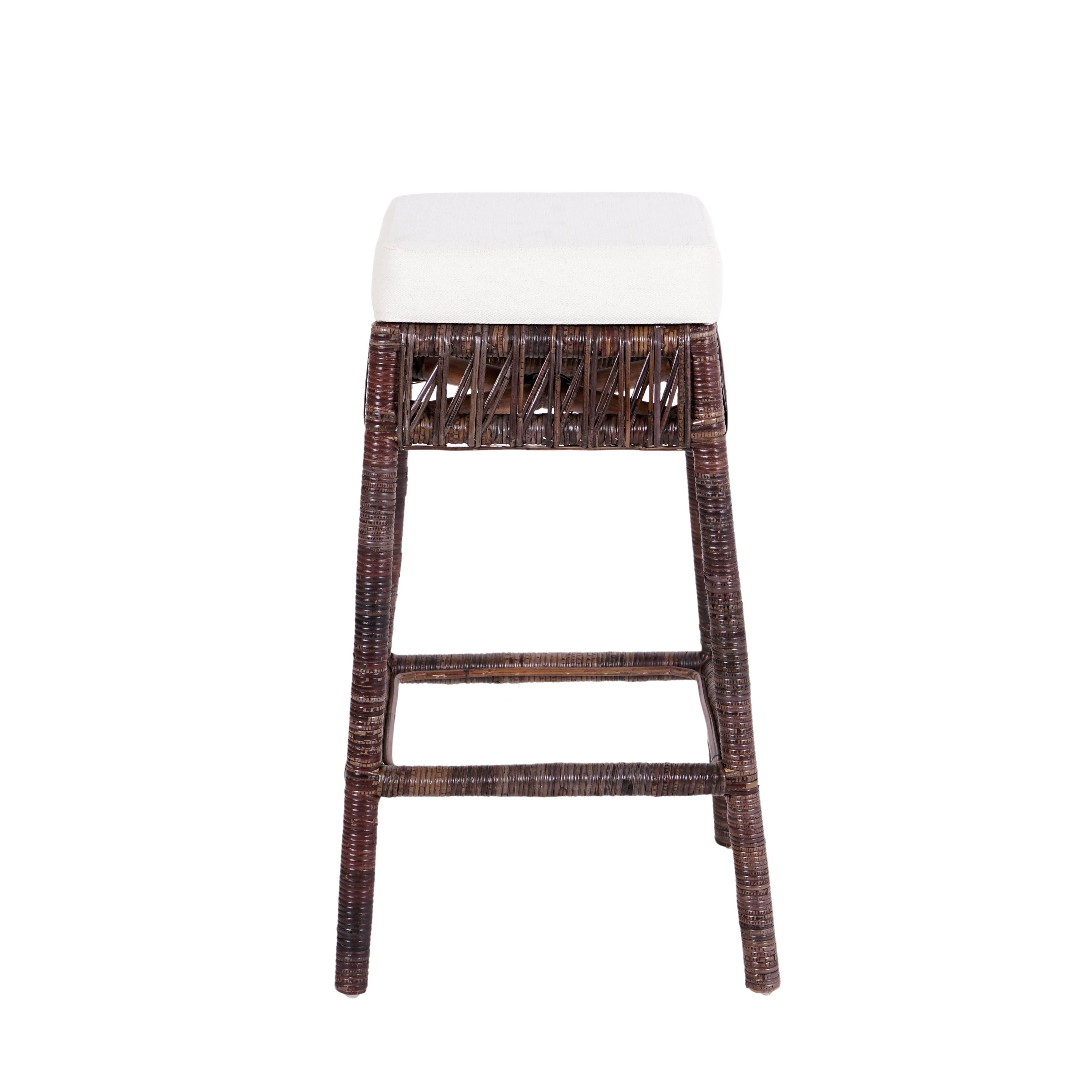 JONATHAN Y Bali Rattan Backless Counter Stool, White Cushion with Woven Frame in Dark Brown (29.5" Bar Stool) 