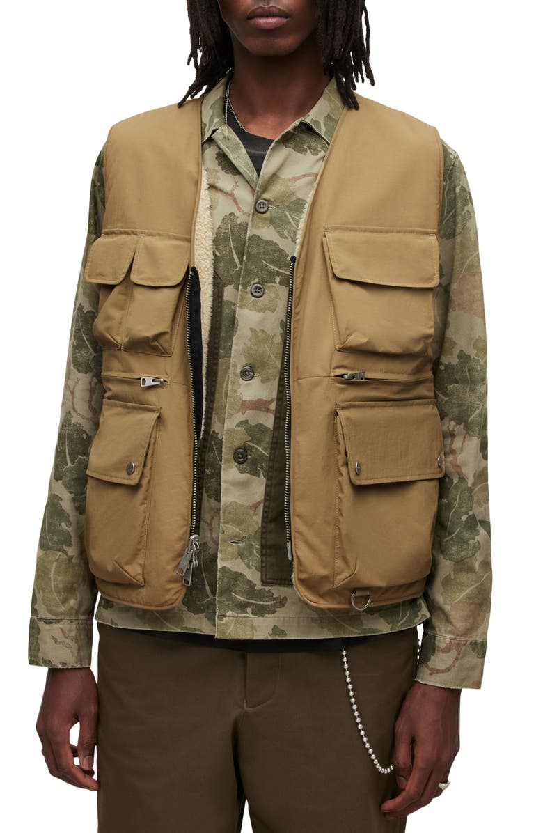 AllSaints Vibo Reversible Faux Shearling Lined Tech Vest, Main, color, Sand