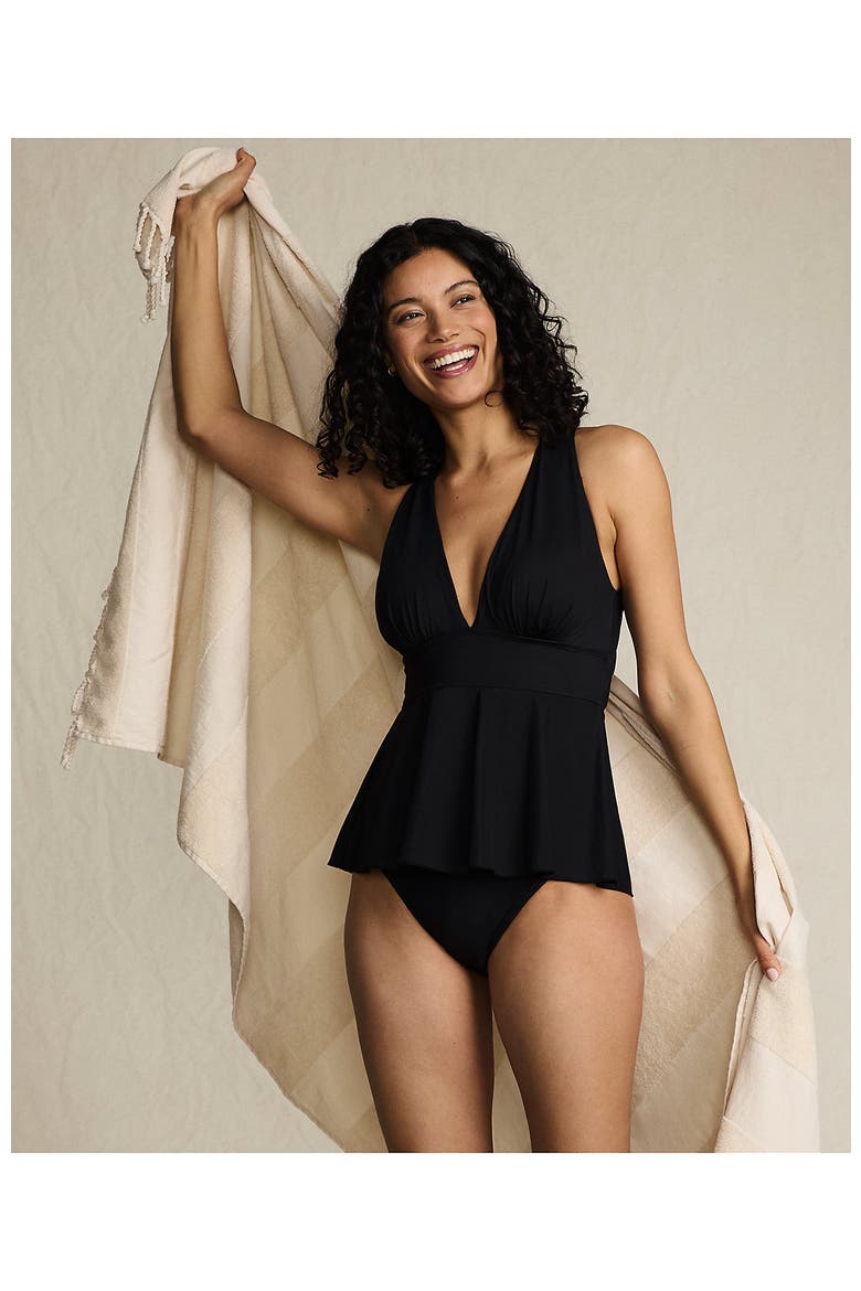SlenderSuit Plunge Ruched X-Back Ruffle Fauxkini One Piece Swimsuit, Alternate, color, Black