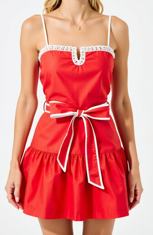 Modenaire Spaghetti Strap Mini Dress With Crochet Trim And Tie Waist In Red