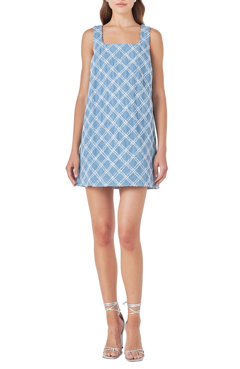 Endless Rose Distressed Denim Shift Minidress, Main, color, 
