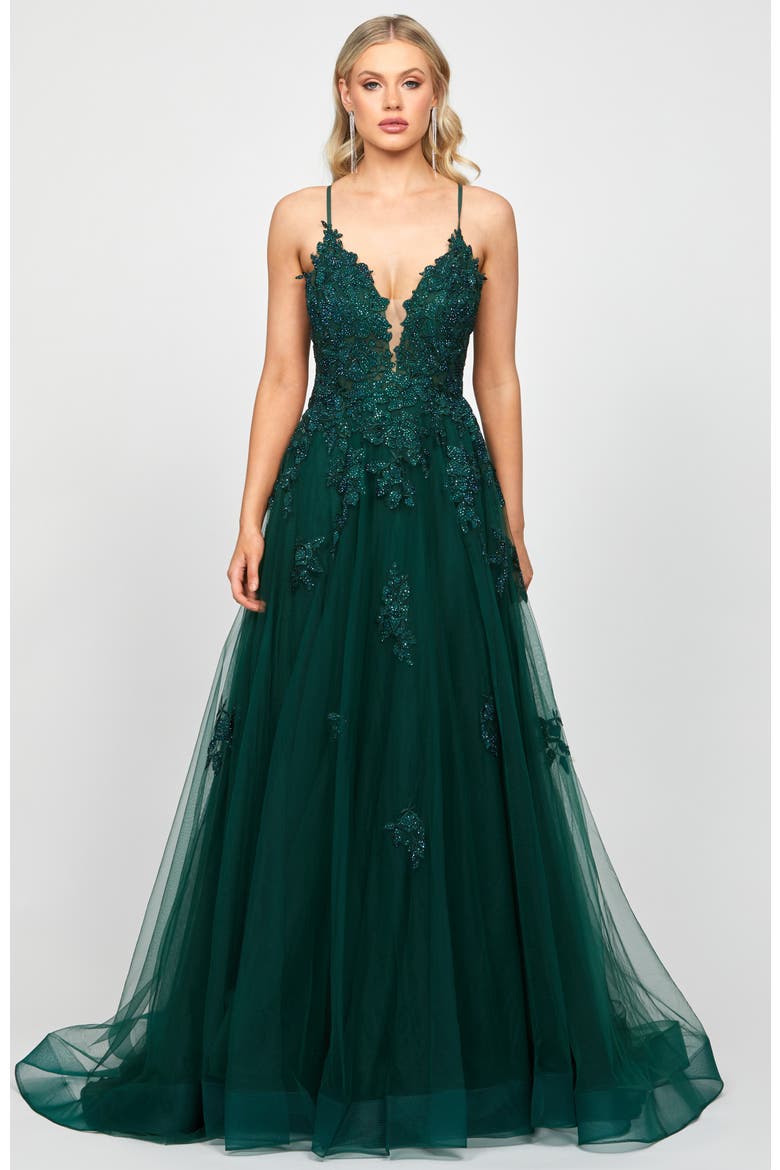 Alie Plunging Ball Gown, Main, color, DARK GREEN