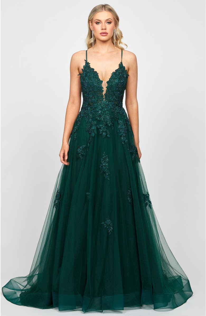 Bariano Alie Plunging Ball Gown, Main, color, Dark Green