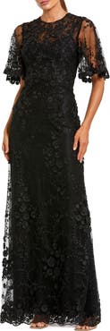 Mac Duggal Women's Flutter Sleeve Floral Emboridered Net Gown