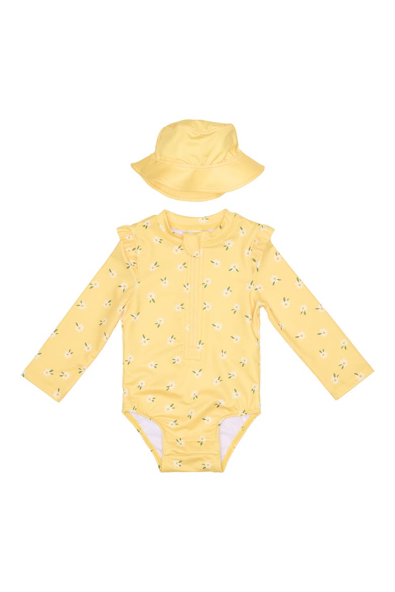 One-Piece Rashguard Swimsuit & Hat Set, Main, color, YELLOW FLOWERS