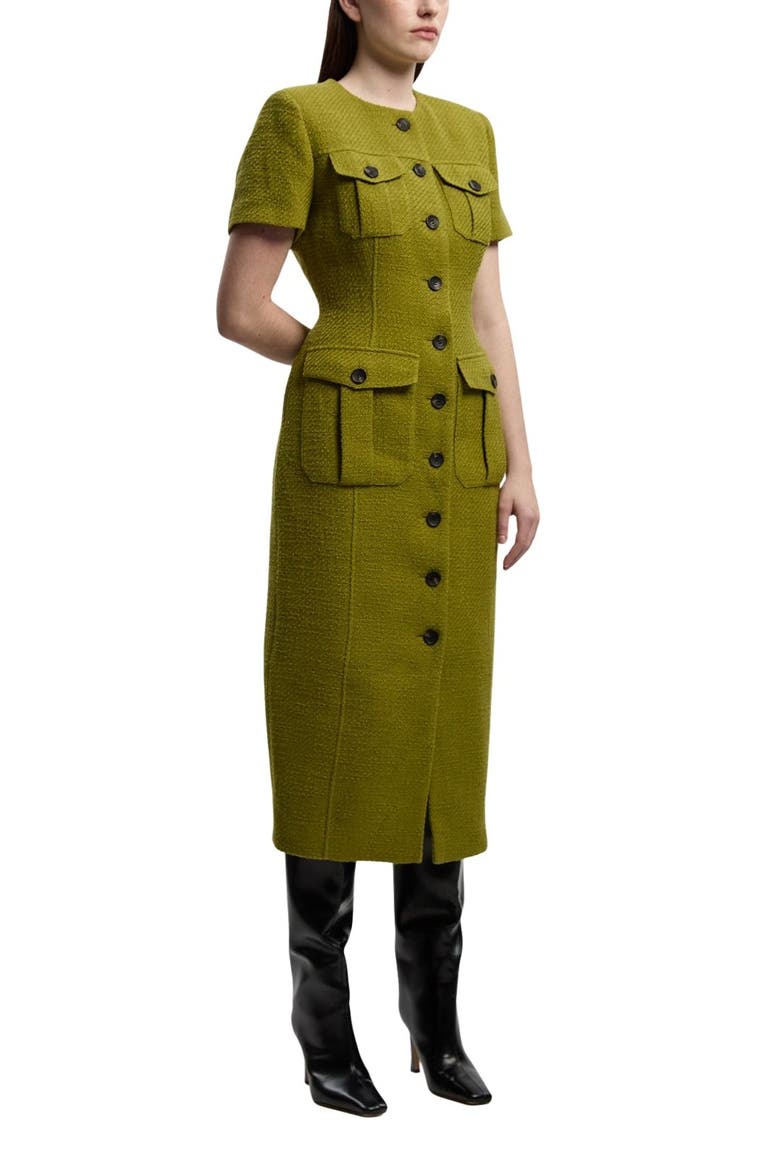 Textured Tweed Tailored Midi Dress, Alternate, color, Olive