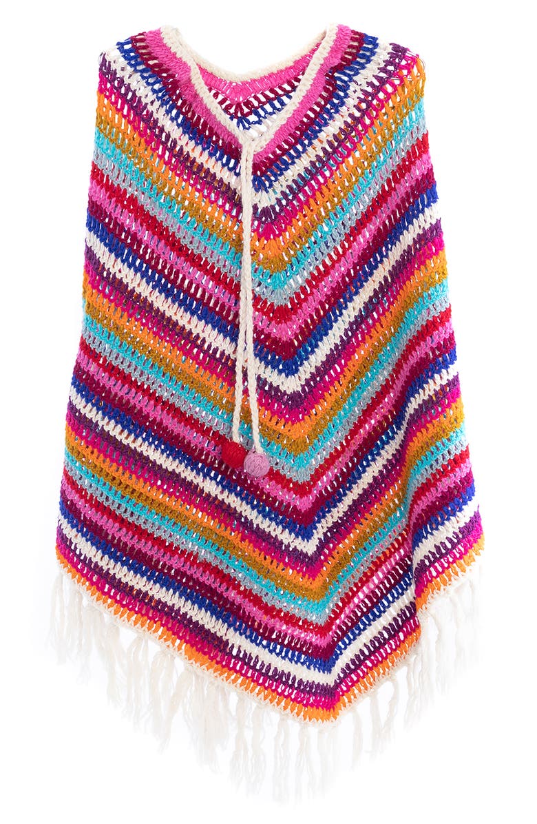 SAACHI Crochet Knit Triangle Poncho, Alternate, color, White