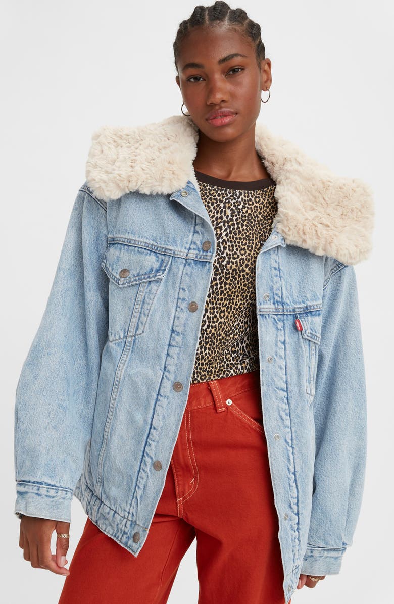 Levi's<sup>®</sup> Oversize Faux Fur Collar Denim Trucker Jacket, Alternate, color, 