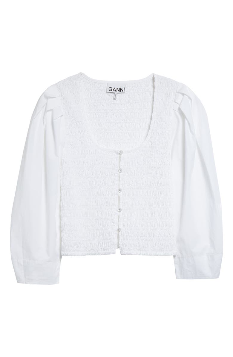 Ganni Shirred Lantern Sleeve Organic Cotton Poplin Top, Alternate, color, 