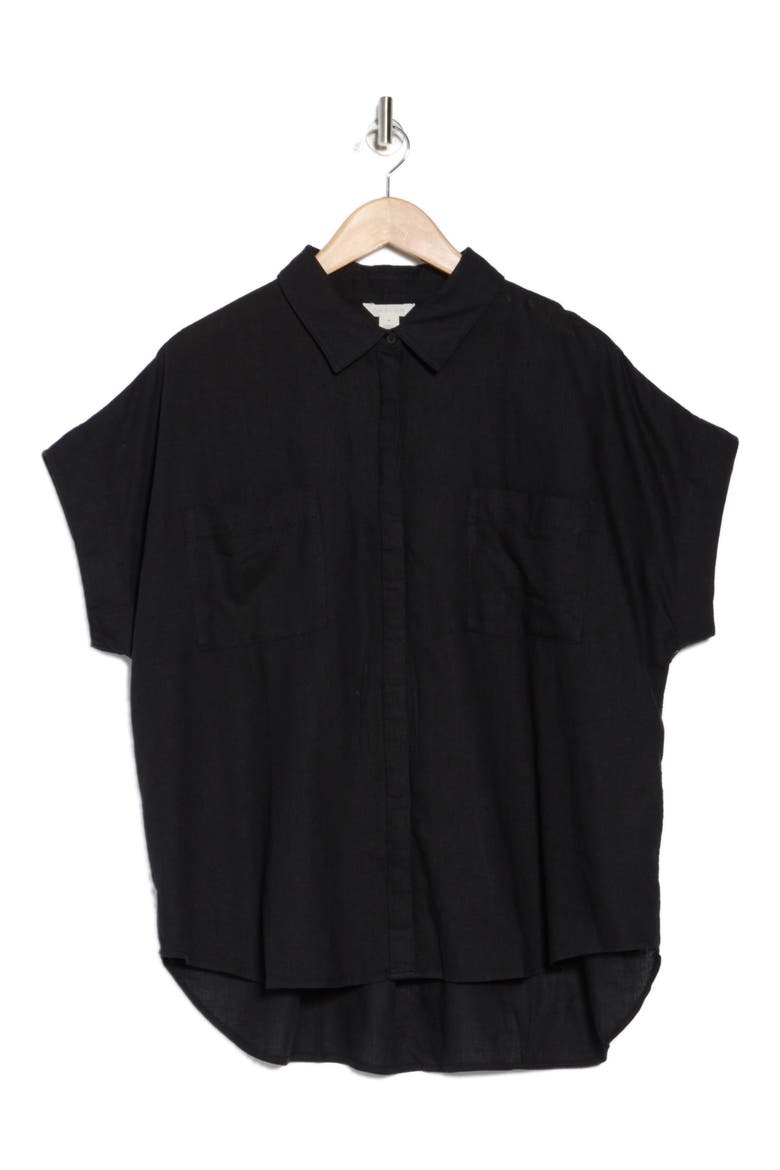 Double Pocket Linen Blend Camp Shirt, Alternate, color, BLACK