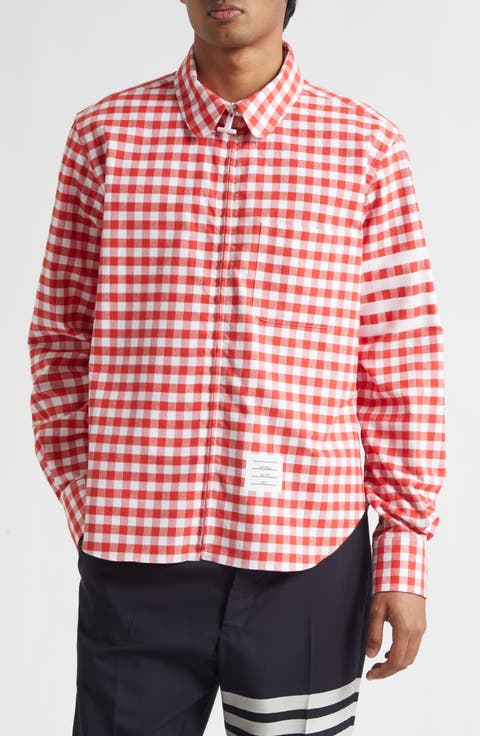 Gingham Cotton Zip Front Shirt Jacket