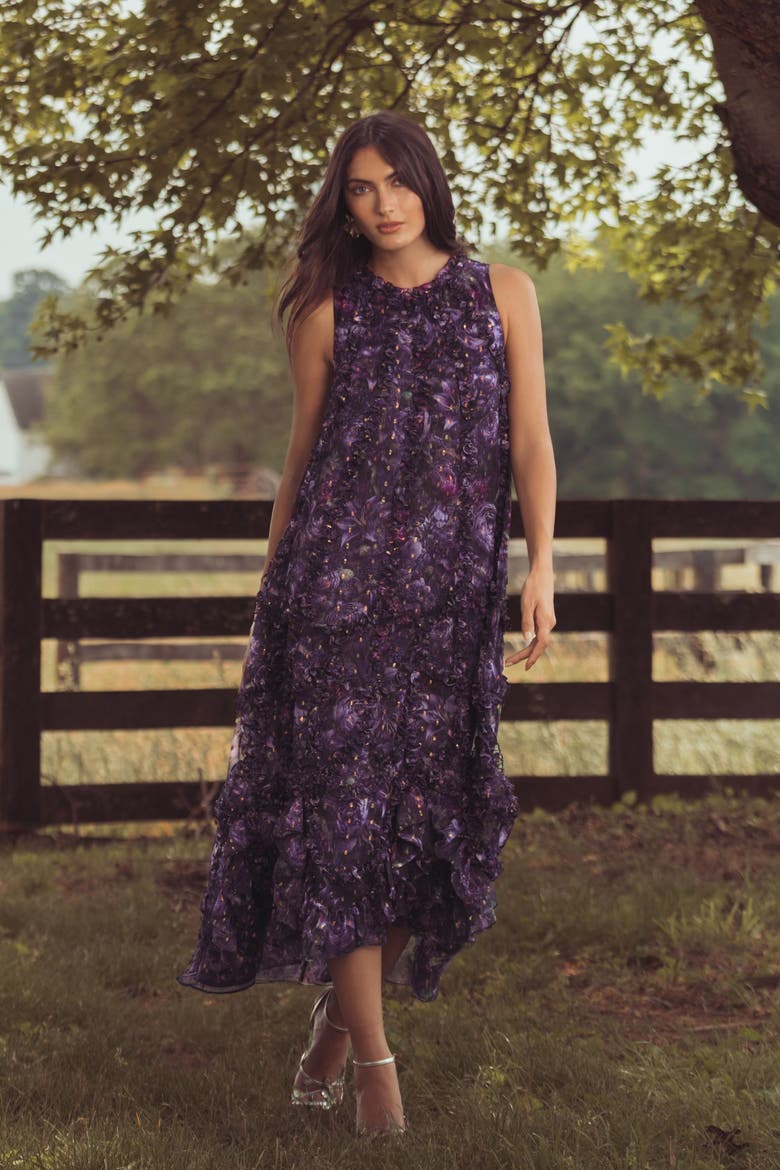 Sleeveless Floral Print Chiffon Micro Ruffle Gown, Alternate, color, Purple Multi