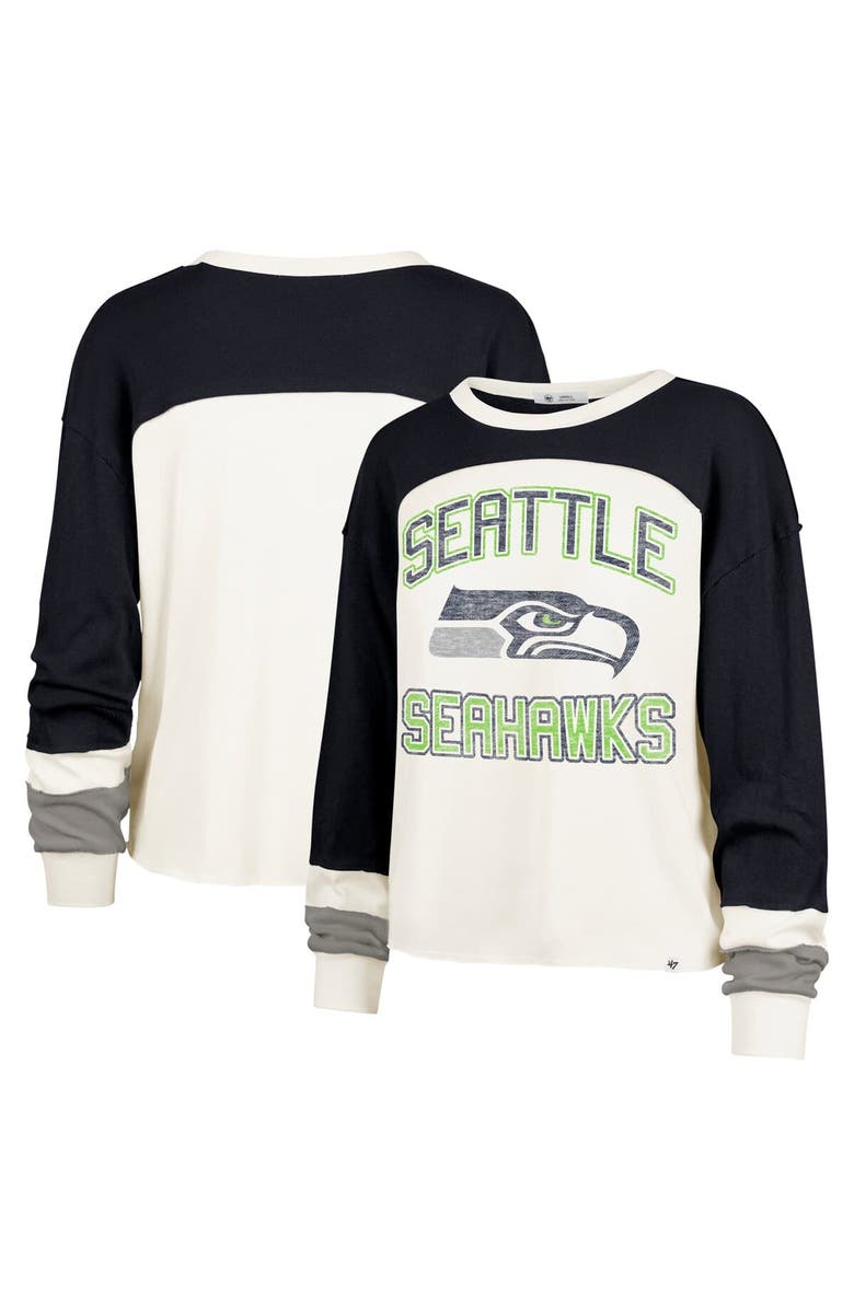 '47 Women's '47 Cream Seattle Seahawks Double Header Curve Raglan Long Sleeve Crop Top, Main, color, Cream