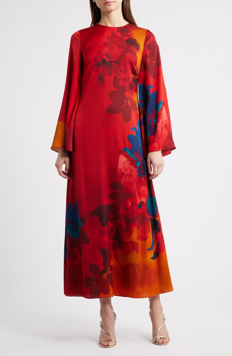 Elie Tahari The Payton Placed Floral Long Sleeve Stretch Silk Caftan Dress, Main, color,