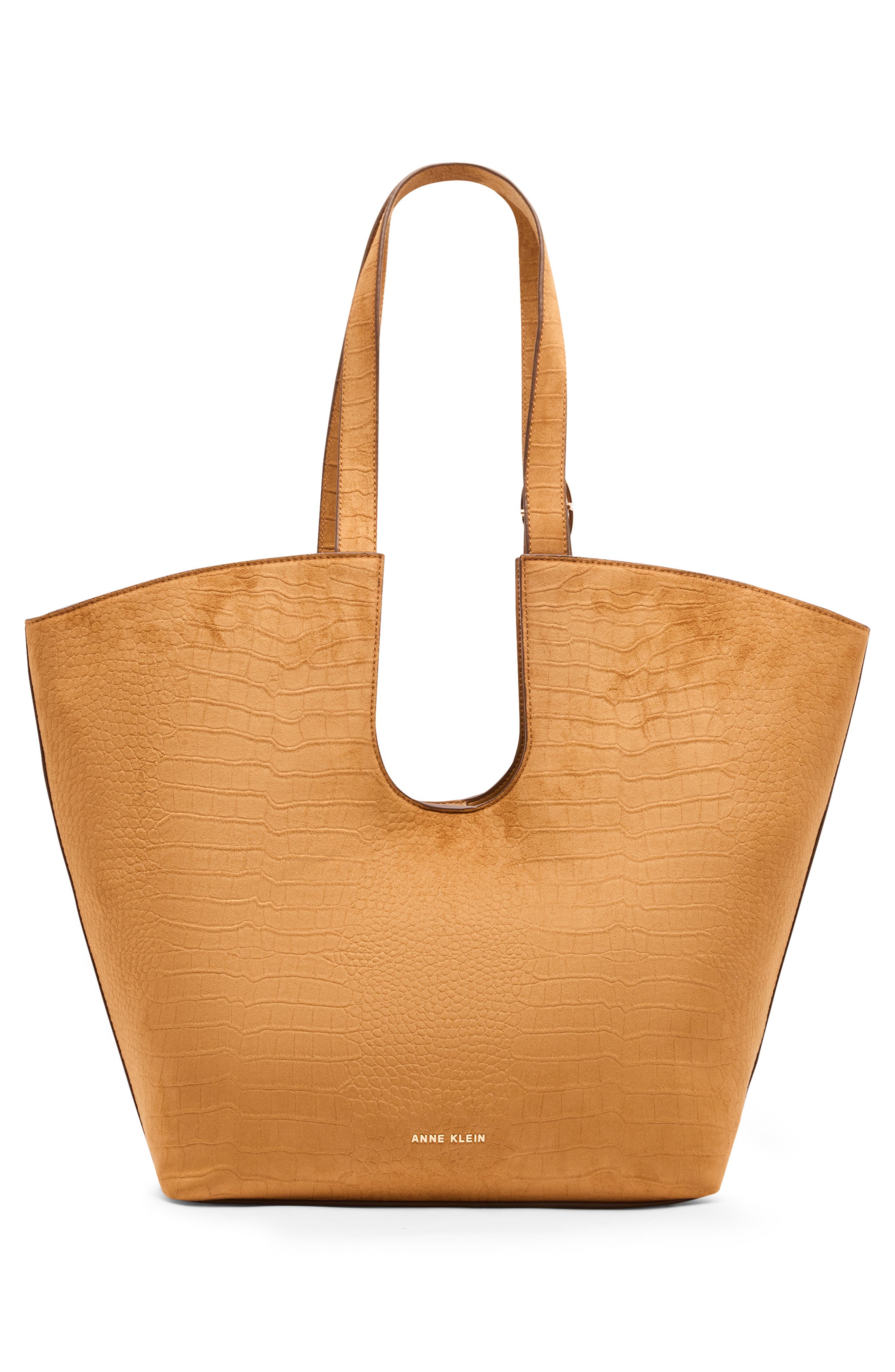 Extra Large Croc Embossed Faux Leather Tote with Pouch, Alternate, color, TAN/ TAN