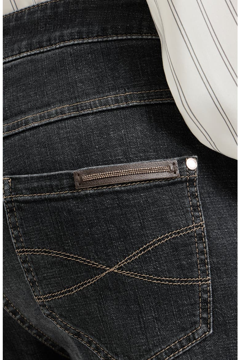 Stretch denim slim five-pocket trousers with shiny leather tab, Alternate, color, Dark Grey
