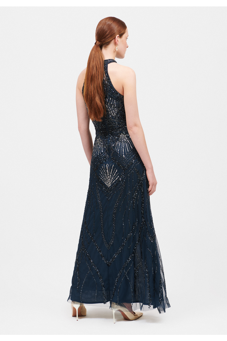 Occasion Embellished Sequin Beaded Halter Neck Evening Maxi Dress, Alternate, color, NAVY