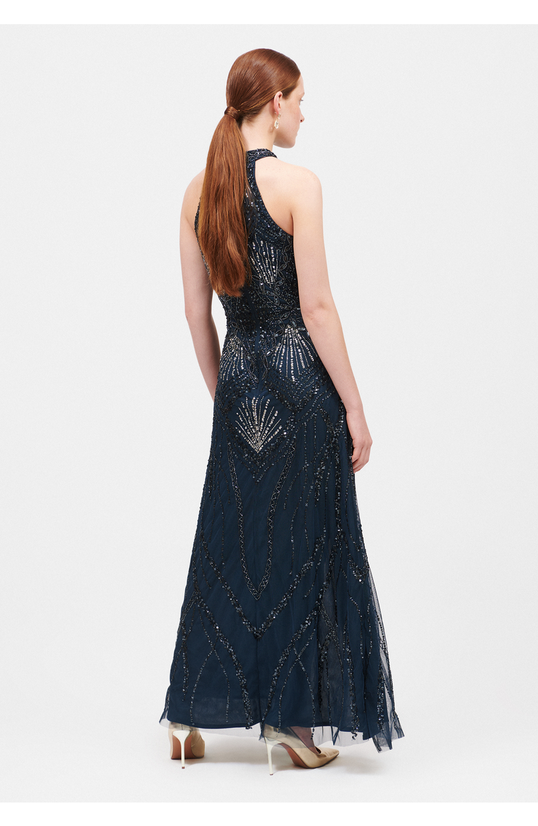 BEAUUT Occasion Embellished Sequin Beaded Halter Neck Evening Maxi Dress, Alternate, color, Navy