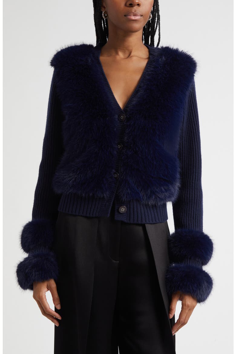 Vivietta Faux Fur Trim Wool Blend Cardigan, Main, color, NAVY