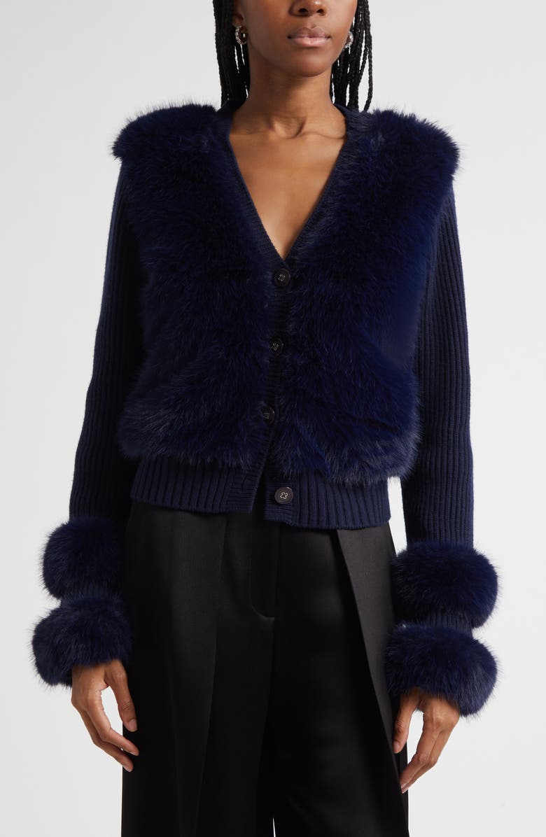 Ramy Brook Vivietta Faux Fur Trim Wool Blend Cardigan, Main, color, Navy