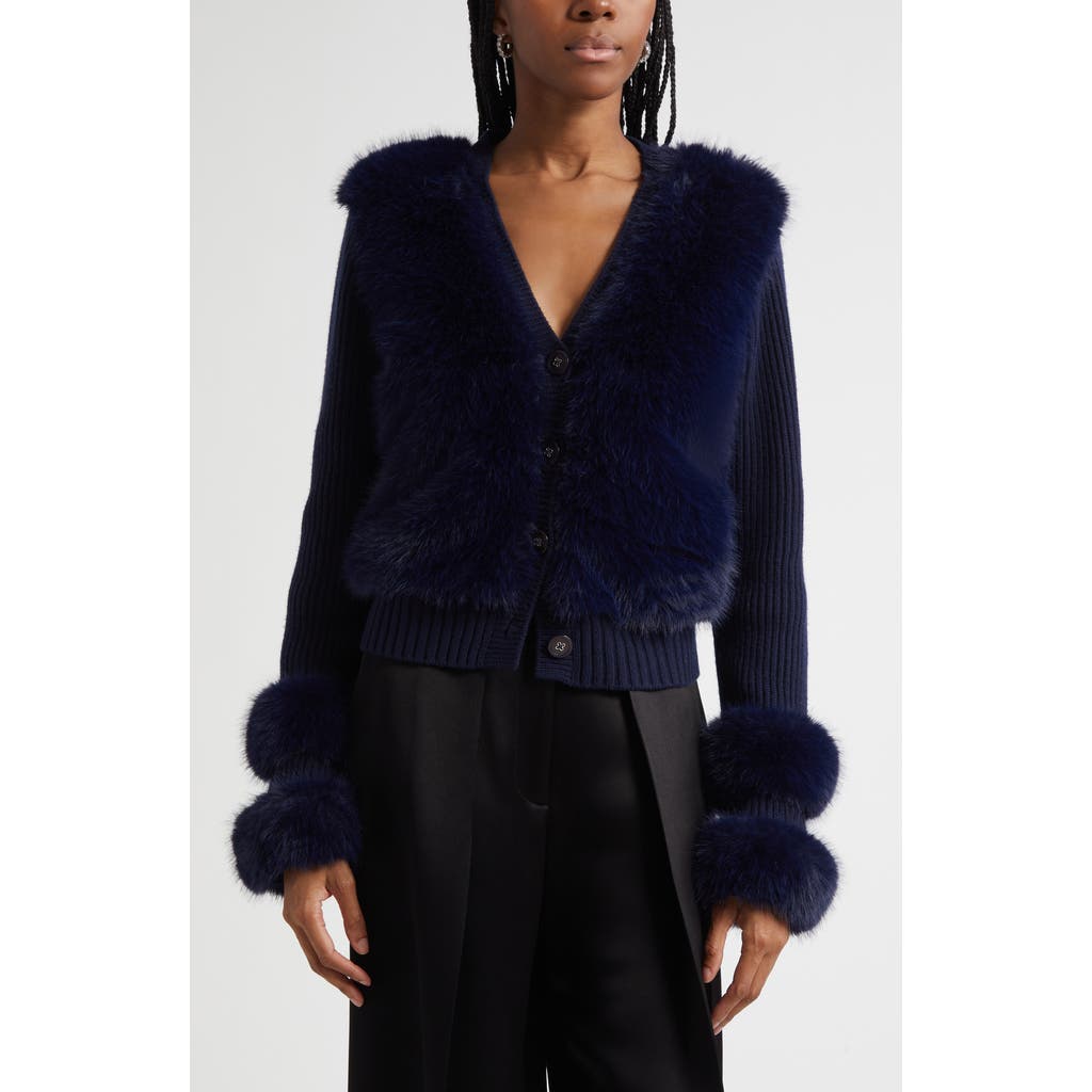 Ramy Brook Vivietta Faux Fur Trim Wool Blend Cardigan In Blue