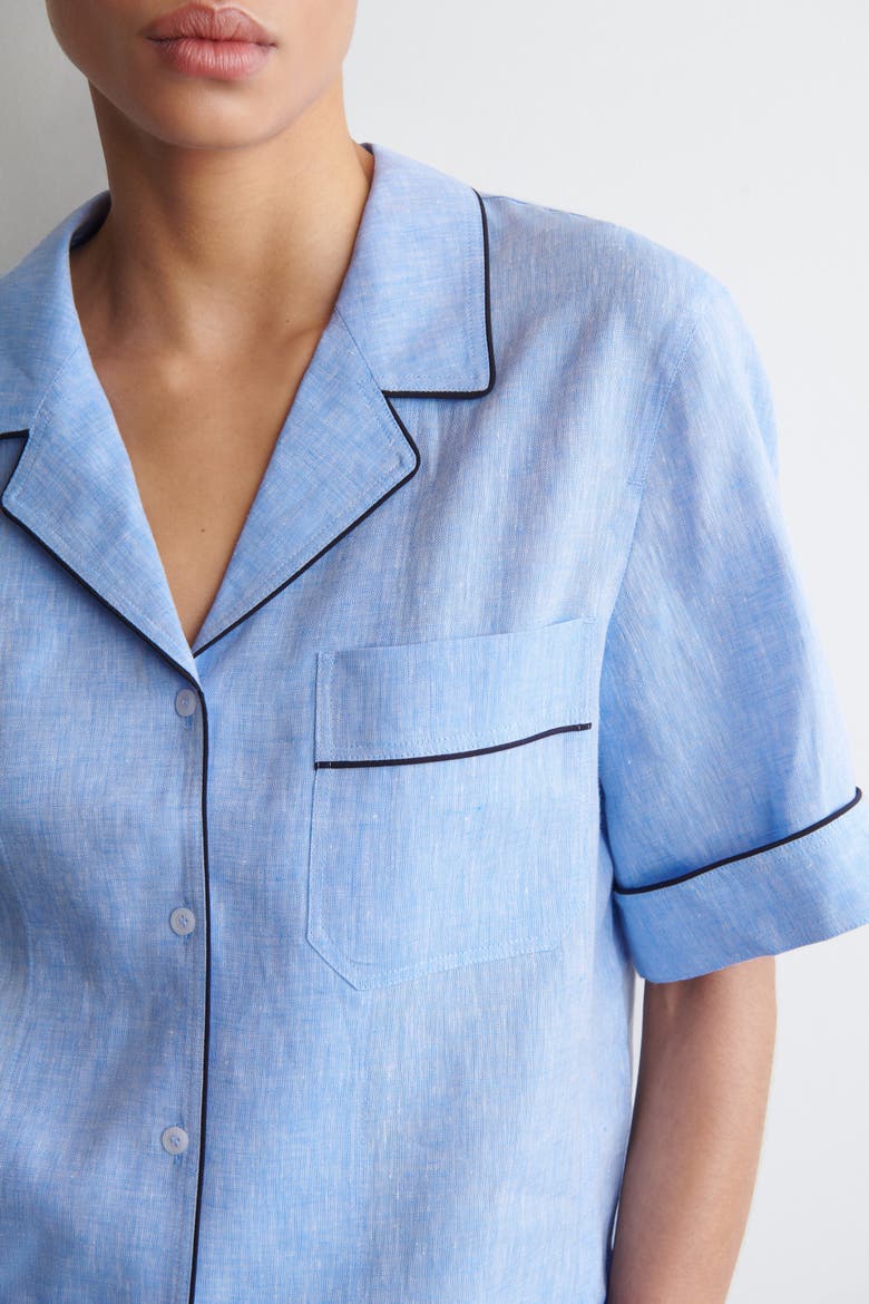 Contrast-piped Linen Resort Shirt, Alternate, color, BLUE MÉLANGE