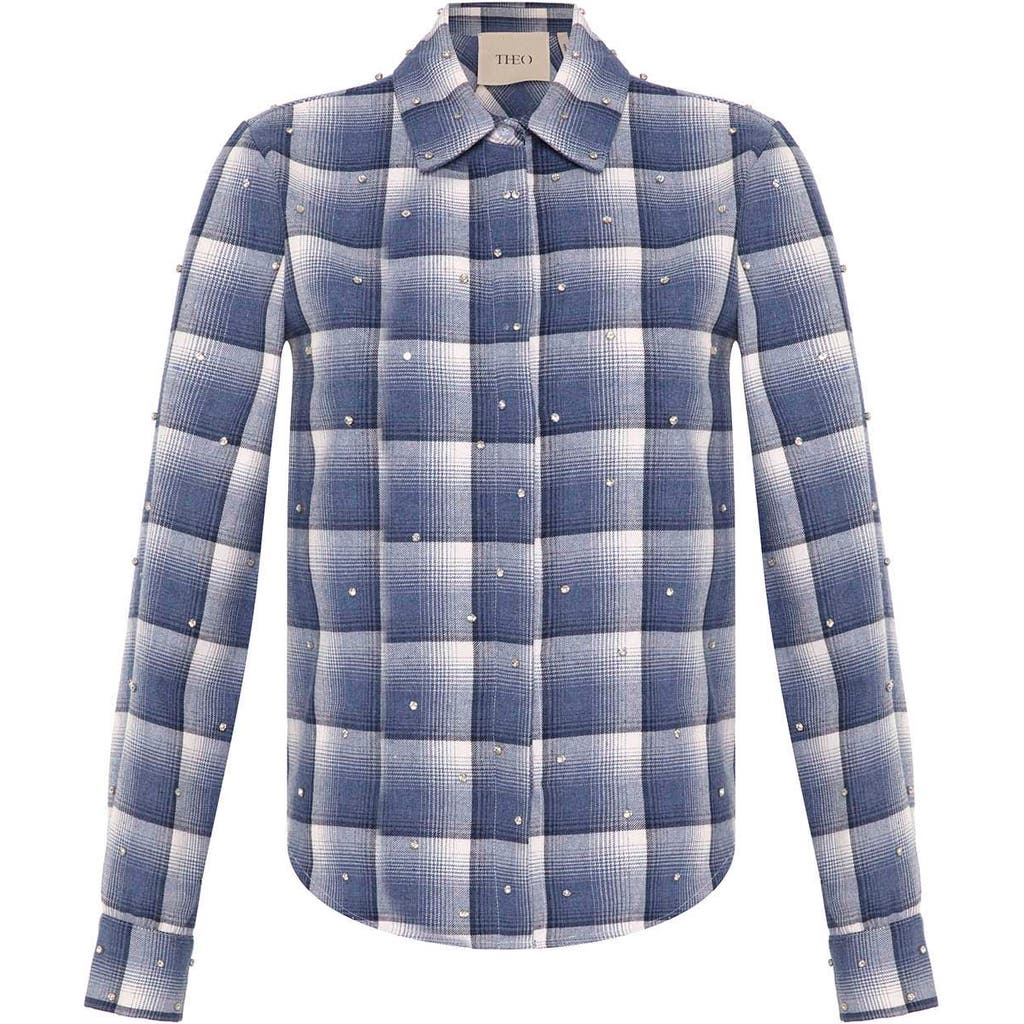 Theo The Label Europa Plaid Flannel Crystal Shirt In Blue