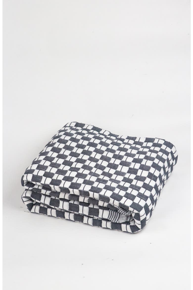 Suzani Quilted Handwoven Checkered Cotton Throw Blanket, Alternate, color, Soft Black and Ivory