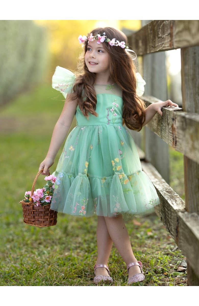 Mia Belle Girls Girls Emerald Fairy Garden Embroidered Floral Tutu Dress, Alternate, color, Green